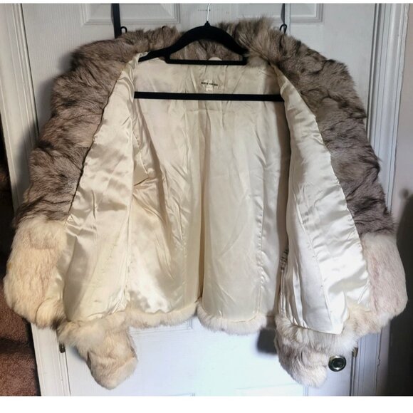 Vintage Genuine Rabbit and Fox Tail Cropped Fur Coat Jacket L Cream Glam Mobwife - Picture 7 of 10